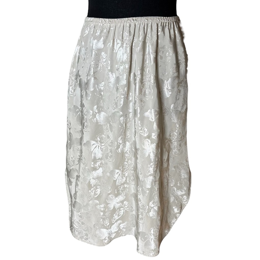 LINDA EATON Vintage Satin Half Slip Skirt Taupe Cream Floral Scallop Hem Medium